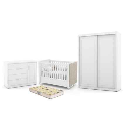 Dormitório Tutto New 2 Portas, Cômoda 1 Porta, Berço Branco Soft com Capitonê e Colchão D18 - Matic Móveis  