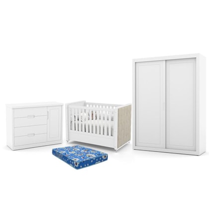 Dormitório Tutto New 2 Portas, Cômoda 1 Porta, Berço Branco Soft com Capitonê e Colchão - Matic Móveis  