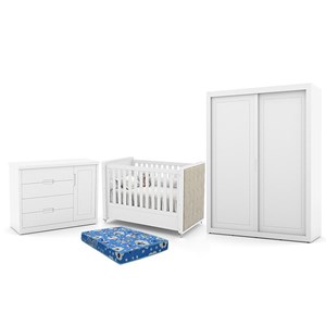 Dormitório Tutto New 2 Portas, Cômoda 1 Porta, Berço Branco Soft com Capitonê e Colchão - Matic Móveis  