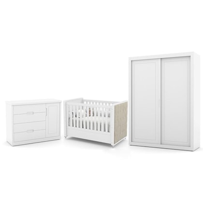 Dormitório Tutto New 2 Portas, Cômoda 1 Porta, Berço Branco Soft com Capitonê - Matic Móveis  