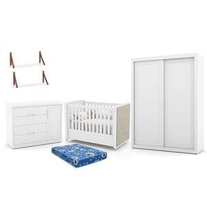 Dormitório Tutto New 2 Portas, Cômoda 1 Porta, Berço Branco Soft com Capitonê, Prateleiras e Colchão - Matic Móveis  