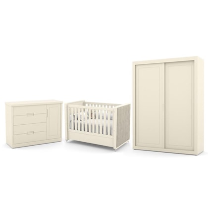 Dormitório Tutto New 2 Portas, Cômoda 1 Porta, Berço Off White com Capitonê - Matic Móveis  