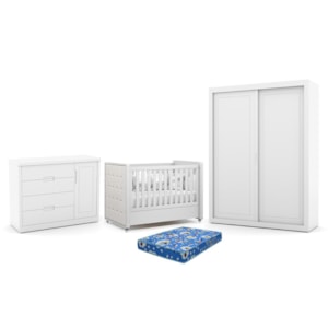 Dormitório Tutto New 2 Portas, Cômoda 1 Porta e Berço Branco Soft com Capitonê e Colchão Physical - Matic Móveis