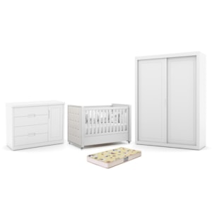 Dormitório Tutto New 2 Portas, Cômoda 1 Porta e Berço Branco Soft com Capitonê e Colchão Supreme - Matic Móveis