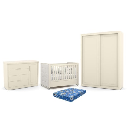 Dormitório Tutto New 2 Portas, Cômoda 1 Porta e Berço Off White com Capitonê e Colchão Physical - Matic Móveis