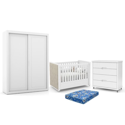 Dormitório Tutto New 2 Portas, Cômoda 4 Gavetas, Berço Branco Soft com Capitonê e Colchão - Matic Móveis 