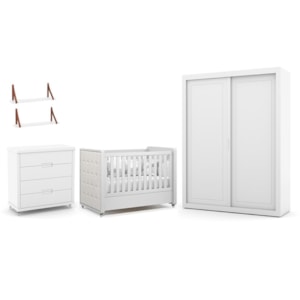 Dormitório Tutto New 2 Portas, Cômoda 4 Gavetas e Berço Branco Soft com Capitonê e Prateleiras - Matic Móveis