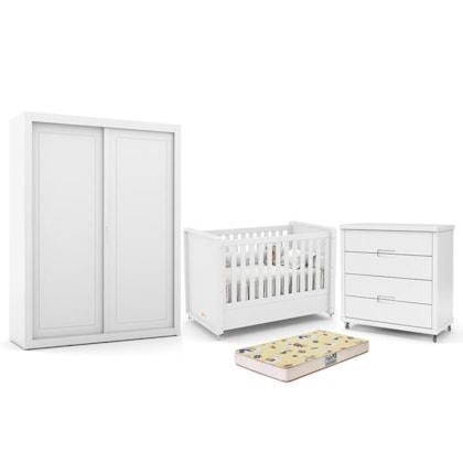 Dormitório Tutto New 2 Portas, Cômoda 4 Gavetas e Berço Branco Soft com Colchão D18 - Matic Móveis