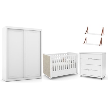 Dormitório Tutto New 2 Portas, Cômoda, Berço Branco Soft com Capitonê e Prateleiras - Matic Móveis  