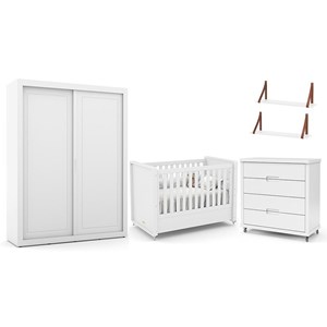 Dormitório Tutto New 2 Portas, Cômoda, Berço Branco Soft e Prateleiras - Matic Móveis 