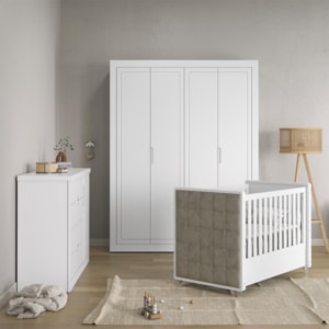 Dormitório Tutto New 4 Portas, Cômoda 1 Porta, Berço Branco Soft com Capitonê e Colchão D18 - Matic Móveis  