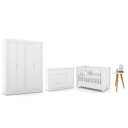 Dormitório Tutto New 4 Portas, Cômoda 1 Porta, Berço Branco Soft e Mesinha- Matic Móveis  