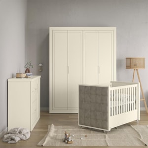 Dormitório Tutto New 4 Portas, Cômoda 1 Porta, Berço Off White com Capitonê e Colchão D18 - Matic Móveis  