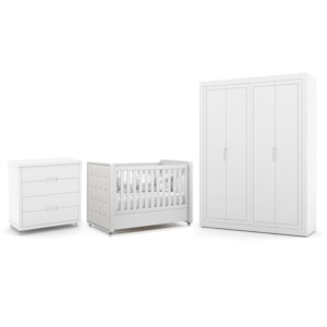 Dormitório Tutto New 4 Portas, Cômoda 4 Gavetas e Berço Branco Soft com Capitonê - Matic Móveis