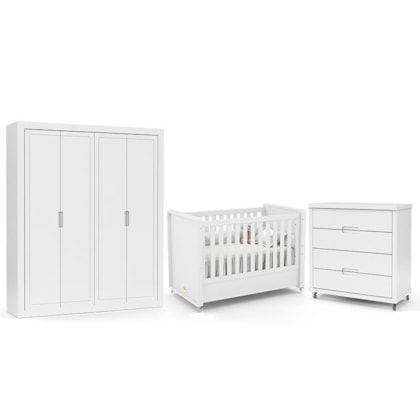 Dormitório Tutto New 4 Portas, Cômoda 4 Gavetas e Berço Branco Soft - Matic Móveis  