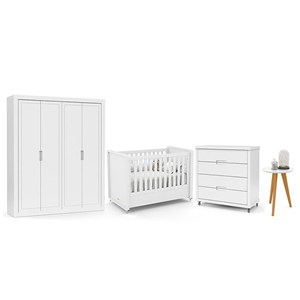 Dormitório Tutto New 4 Portas, Cômoda, Berço Branco Soft e Mesinha - Matic Móveis  