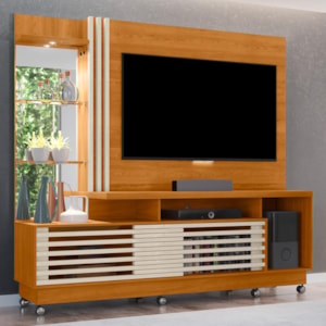 Estante Home Theater Frizz Plus Cinamomo/Off White para TV até 60” com Rodízios - Madetec