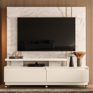 Estante Home Theater New Apolo Calacata/Off White para TV até 75” com Rodízios - Madetec