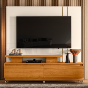 Estante Home Theater New Apolo Cinamomo/Off White para TV até 75” com Rodízios - Madetec