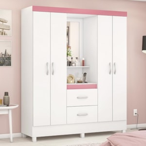 Guarda Roupa Capelinha Lord 4 Portas Flex Branco/Rosa com Espelho - Demóbile  