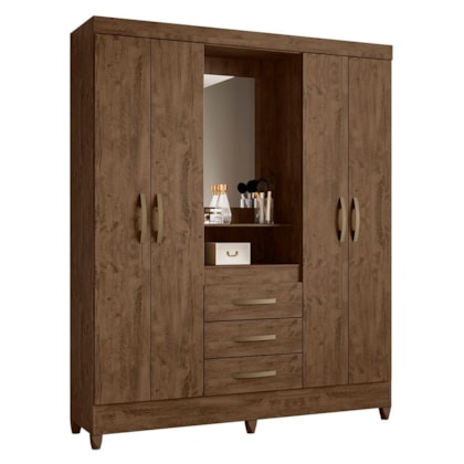 Guarda Roupa Casal Capelinha Capri 4 Portas e 3 Gavetas Castanho Wood com Espelho - Moval