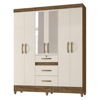 Guarda Roupa Casal Itatiba 6 Portas e 3 Gavetas Castanho Wood/Off White com Espelho - Moval