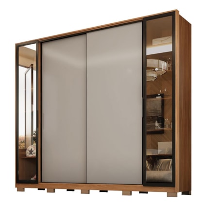 Guarda Roupa Casal Laredo 4 Portas Flex Amêndola/Nude Prime com Vidro Reflecta e Pés - Demartêz