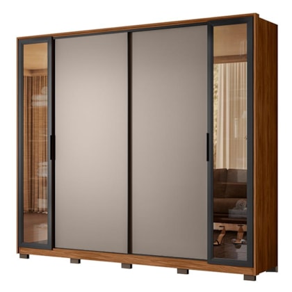 Guarda Roupa Casal Laredo 4 Portas Flex Nogueira/Nude Prime com Vidro Reflecta e Pés - Demartêz