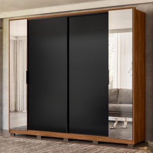 Guarda Roupa Casal Laredo 4 Portas Flex Nogueira/Preto Prime com Espelho e Pés - Demartêz