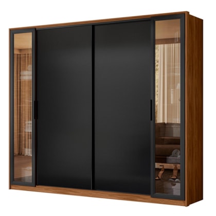 Guarda Roupa Casal Laredo 4 Portas Flex Nogueira/Preto Prime com Vidro Reflecta - Demartêz