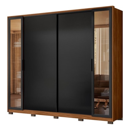 Guarda Roupa Casal Laredo 4 Portas Flex Nogueira/Preto Prime com Vidro Reflecta e Pés - Demartêz