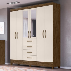 Guarda Roupa Casal New Avaí 6 Portas e 4 Gavetas Castanho Wood/Off White com Espelho - Moval