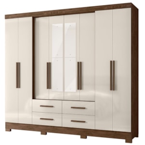 Guarda Roupa Casal San Lorenzo 8 Portas e 4 Gavetas Castanho Wood/Off White com Espelho - Moval