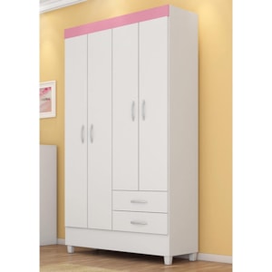 Guarda Roupa Solteiro Astro 4 Portas e 2 Gavetas Flex Branco/Rosa - Demóbile  