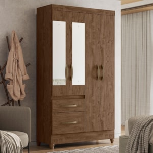 Guarda Roupa Solteiro Madri 4 Portas e 2 Gavetas Castanho Wood com Espelho - Moval