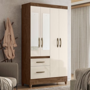 Guarda Roupa Solteiro Madri 4 Portas e 2 Gavetas Castanho Wood/Off White com Espelho - Moval