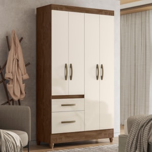 Guarda Roupa Solteiro Madri 4 Portas e 2 Gavetas Castanho Wood/Off White - Moval