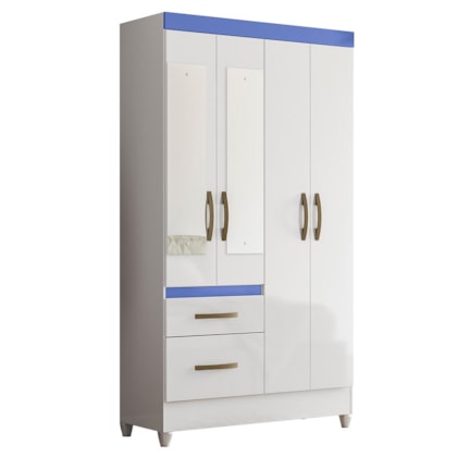 Guarda Roupa Solteiro Madri 4 Portas e 2 Gavetas Color Flex Branco/Azul com Espelho - Moval