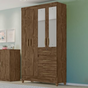 Guarda Roupa Solteiro Sobral 4 Portas e 4 Gavetas Castanho Wood com Espelho - Moval