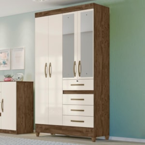 Guarda Roupa Solteiro Sobral 4 Portas e 4 Gavetas Castanho Wood/Off White com Espelho - Moval