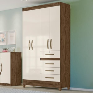 Guarda Roupa Solteiro Sobral 4 Portas e 4 Gavetas Castanho Wood/Off White - Moval