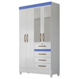 Guarda Roupa Solteiro Sobral 4 Portas e 4 Gavetas Color Flex Branco/Azul com Espelho - Moval