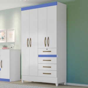 Guarda Roupa Solteiro Sobral 4 Portas e 4 Gavetas Color Flex Branco/Azul - Moval