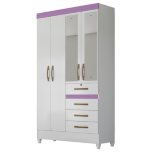 Guarda Roupa Solteiro Sobral 4 Portas e 4 Gavetas Color Flex Branco/Lilás com Espelho - Moval