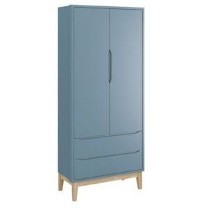 Jogo de Quarto Classic Guarda Roupa 2 Portas e Cômoda 3 Gavetas Azul Fosco com Pés Madeira Natural - Reller Móveis