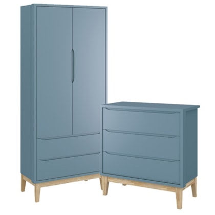 Jogo de Quarto Classic Guarda Roupa 2 Portas e Cômoda 3 Gavetas Azul Fosco com Pés Madeira Natural - Reller Móveis