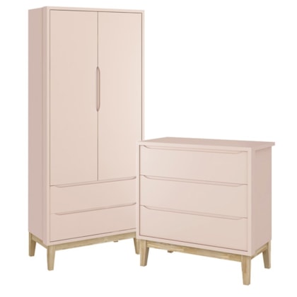 Jogo de Quarto Classic Guarda Roupa 2 Portas e Cômoda 3 Gavetas Rosa Fosco com Pés Madeira Natural - Reller Móveis