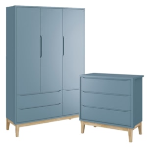 Jogo de Quarto Classic Guarda Roupa 3 Portas e Cômoda 3 Gavetas Azul Fosco com Pés Madeira Natural - Reller Móveis