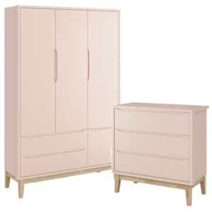 Jogo de Quarto Classic Guarda Roupa 3 Portas e Cômoda 3 Gavetas Rosa Fosco com Pés Madeira Natural - Reller Móveis