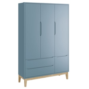 Jogo de Quarto Classic Guarda Roupa 3 Portas e Cômoda Azul Fosco com Pés Madeira Natural - Reller Móveis